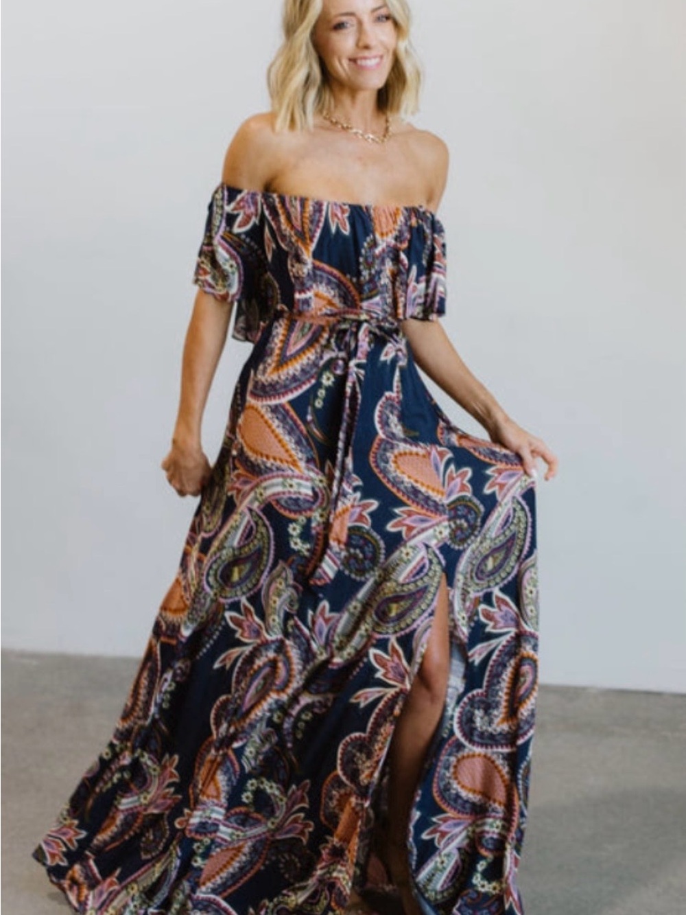 Baltic Born Navy Paisley Off-Shoulder Maxi Dress with Side Slit